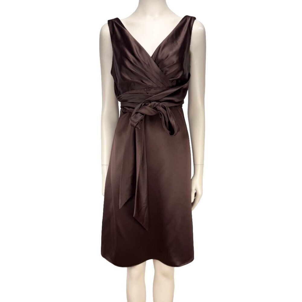 AFTER‎ SIX Satin Chocolate Brown Bridesmaids Draped Bodice Waist TieDress sz